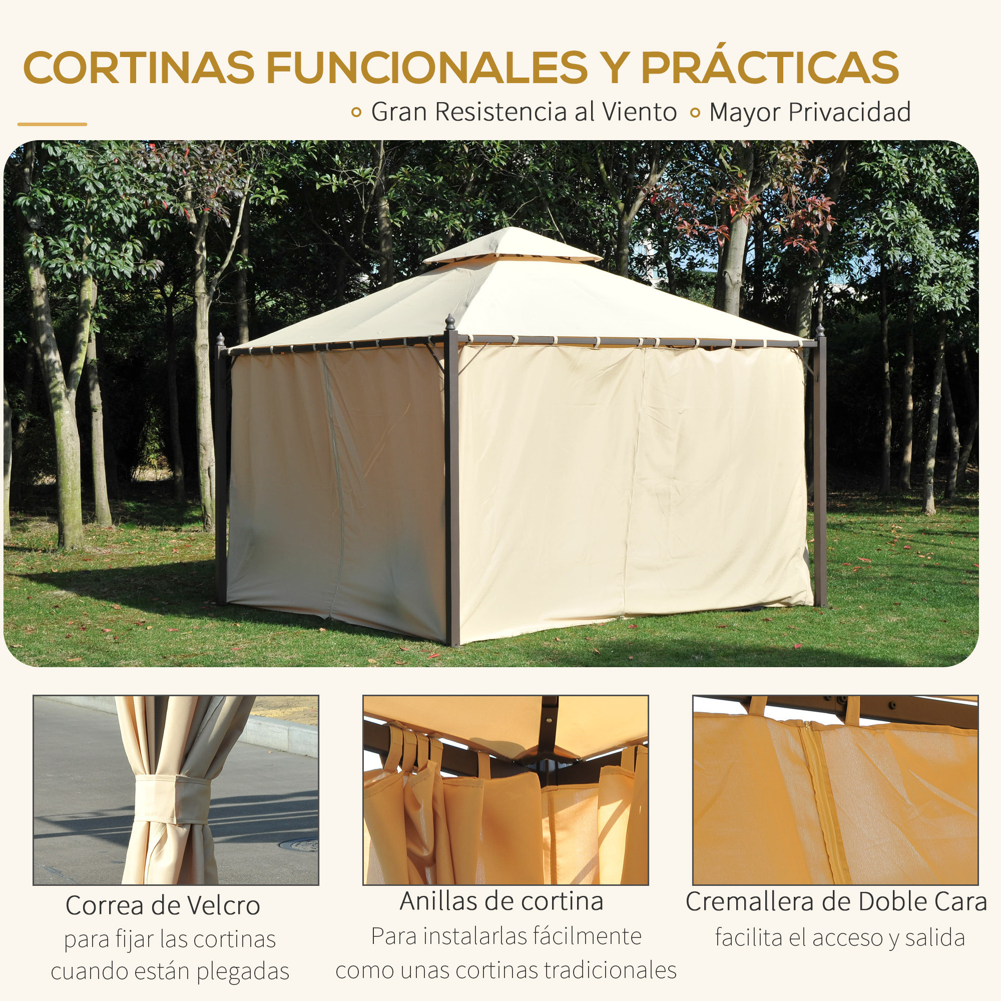 Cenador de Jardín 3x3m Gazebo con Doble Techo 4 Cortinas Laterales Mejor Ventilación Exterior Espacioso para Fiesta Eventos Barbacoa Beige