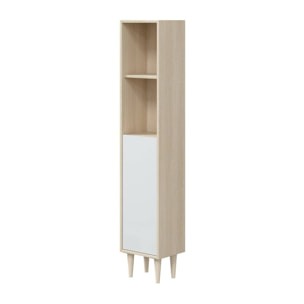 Mobile colonna Lazzarina, Pensile bagno con 1 anta, Armadio alto, 30x25h150 cm, Rovere e Bianco lucido