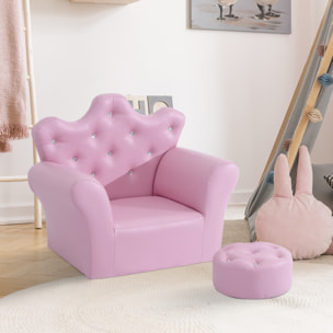 Ensemble fauteuil et pouf enfant design couronne de princesse - dossier et assise pouf avec boutons strass aspect cristaux - structure bois revêtement synthétique PVC rose