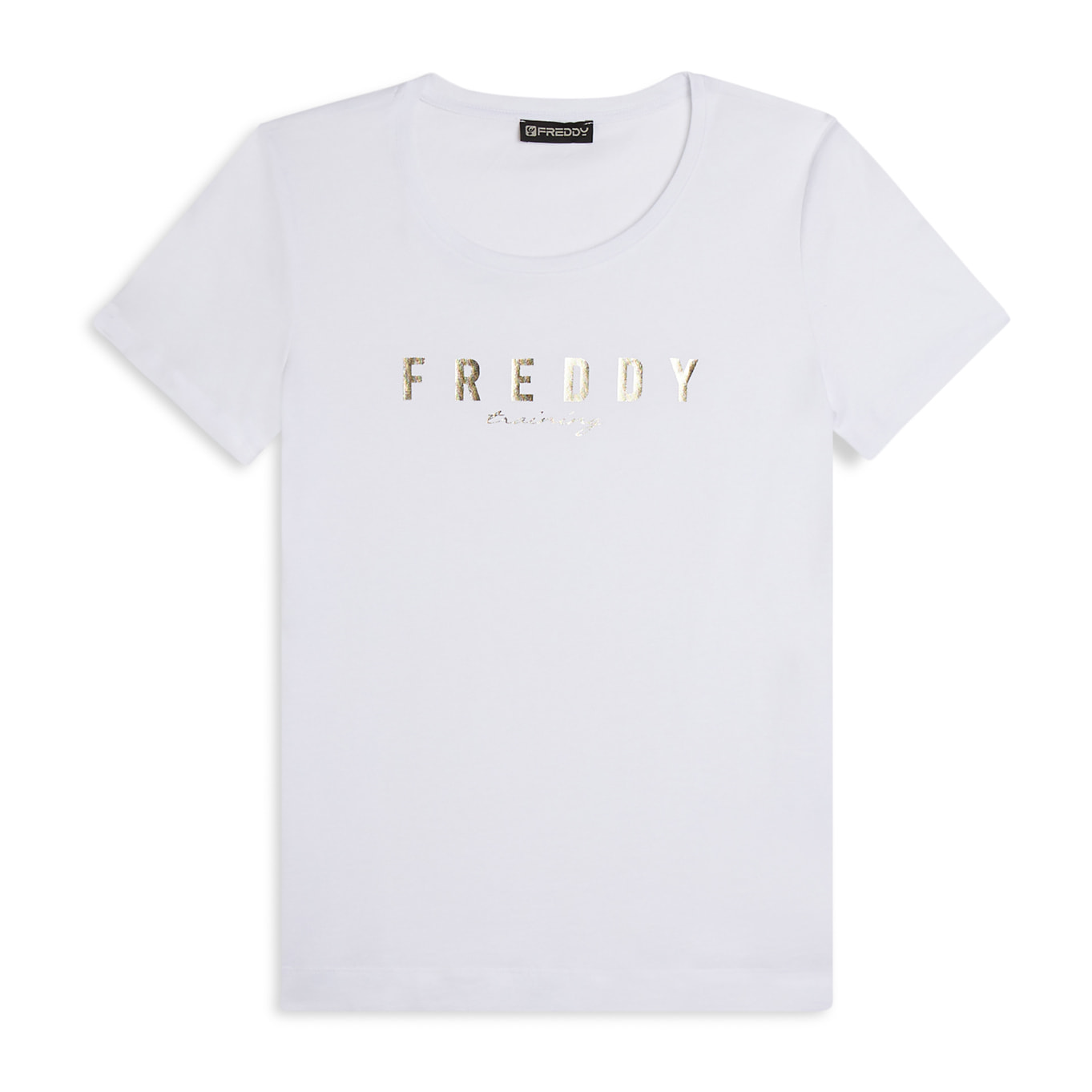 T-shirt in jersey con logo oro chiaro sul fronte