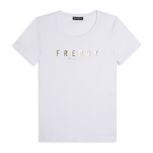 T-shirt in jersey con logo oro chiaro sul fronte