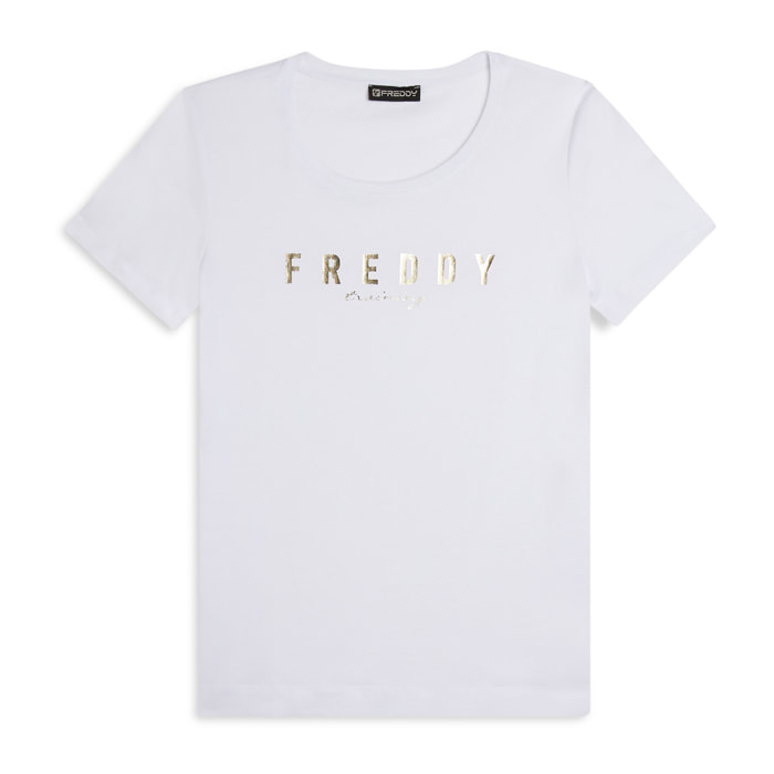 T-shirt in jersey con logo oro chiaro sul fronte