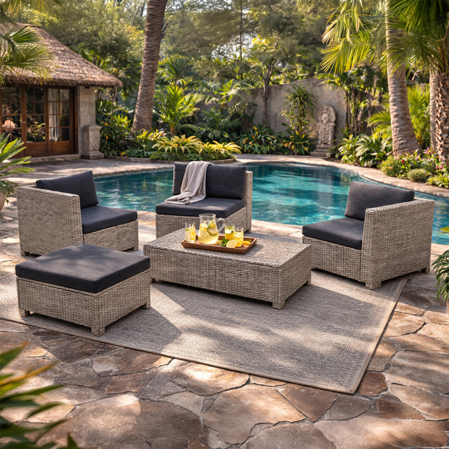 MILLY Salon de jardin 4 places en résine tressée gris et noir