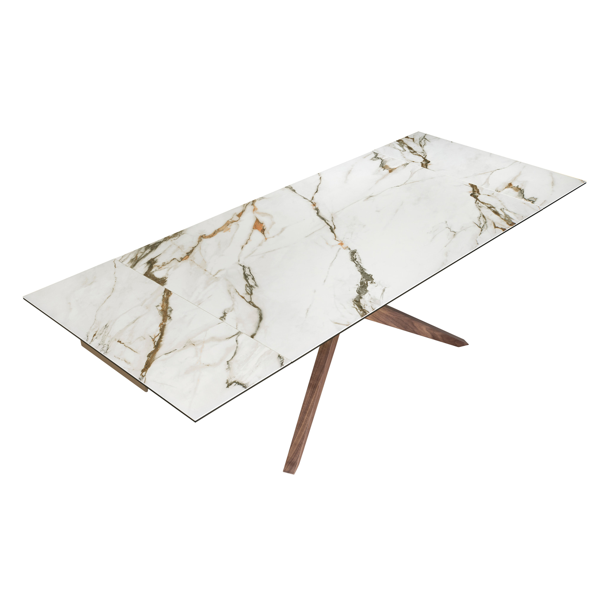 Mesa comedor extensible rectangular con tapa de mármol porcelánico blanco con vetas en tonalidades grises y detalles en óxido en acabado mate 160x100x76cm