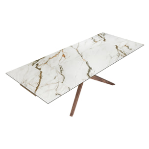 Mesa comedor extensible rectangular con tapa de mármol porcelánico blanco con vetas en tonalidades grises y detalles en óxido en acabado mate 160x100x76cm