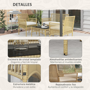 Conjunto Jardín Exterior de Ratán, Muebles Jardín Exterior para 4 Piezas, Muebles Terraza con 1 Sofá de 2 Plazas, 2 Sillones, Cojines y 1 Mesa de Tablero de Vidrio, para Patio Natural