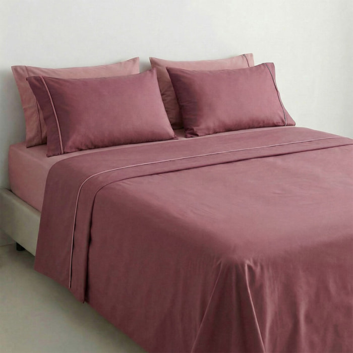 Completo lenzuola matrimoniale in cotone bicolore morbido e traspirante, set letto con lenzuolo sopra, sotto con angoli e 2 federe, design elegante con piping a contrasto, tessuto leggero e resistente 116 gsm, certificato OEKO-TEX, comfort quotidiano