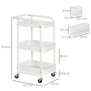 Desserte chariot de rangement en métal à roulettes 3 niveaux avec 2 range-couverts 4 crochets dim.51,5L x 32l x 75,6H cm - blanc