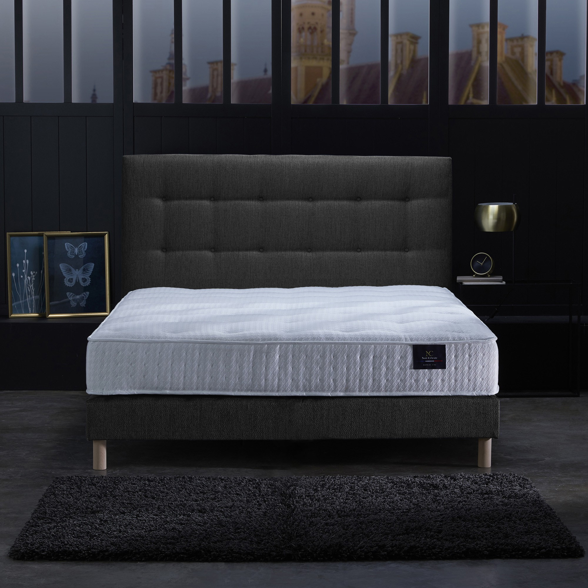 Ensemble Nova + tête de lit capitonnée - Matelas ressorts ensachés Mémoire de forme - Sommier Gris Anthracite