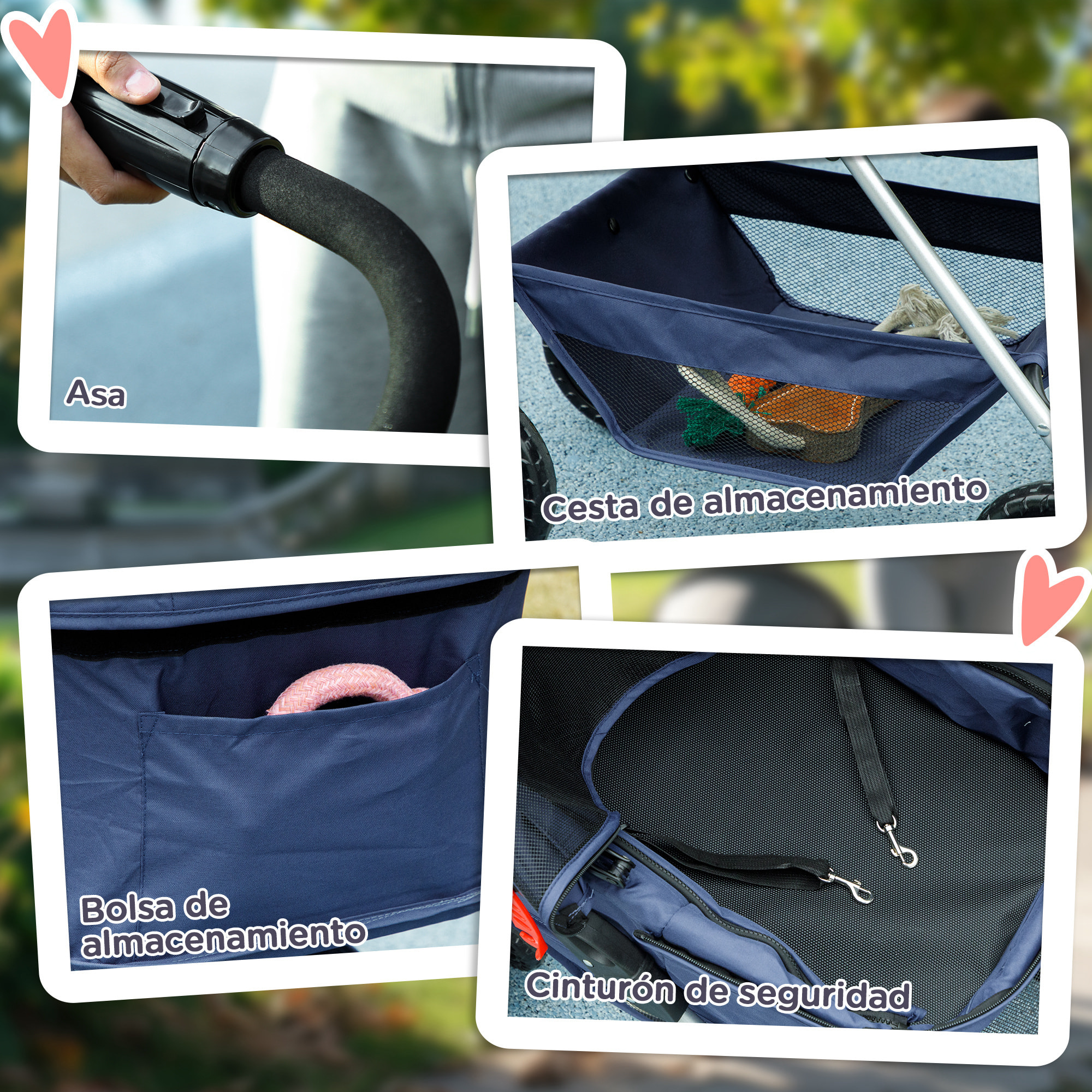 Carrito para Perros Plegable 3 en 1 Cochecito para Mascotas Carrito para Perros Miniatura con Cesta de Almacenaje Ventana de Malla Portavasos y 2 Ruedas Universales 76x50x102 cm Azul Oscuro