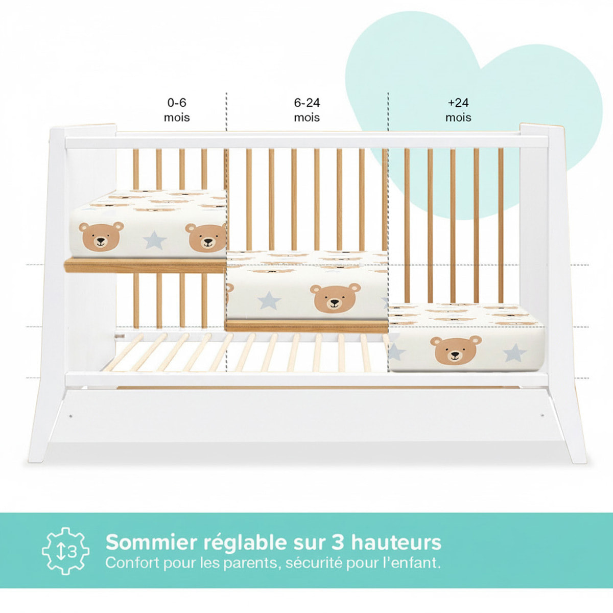 Lit Evolutif Timéo à barreaux 60 x 120 cm, Couleur Blanc & Bois, En Bois, 3 Hauteurs, Tiroir intégré, Barreaux amovibles
