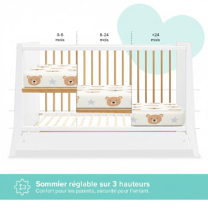 Lit Evolutif Timéo à barreaux 60 x 120 cm, Couleur Blanc & Bois, En Bois, 3 Hauteurs, Tiroir intégré, Barreaux amovibles