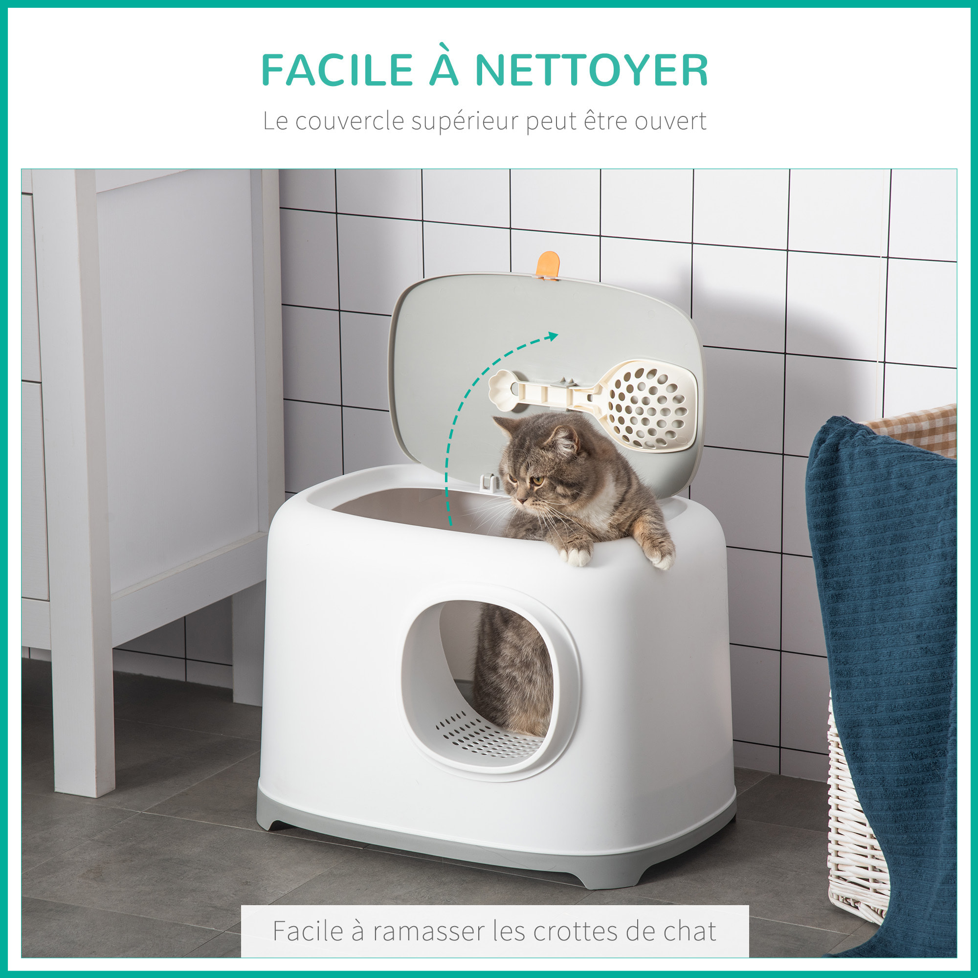 Maison de toilette litière pour chat - porte, couvercle ouvrant  - pelle incluse - blanc gris clair