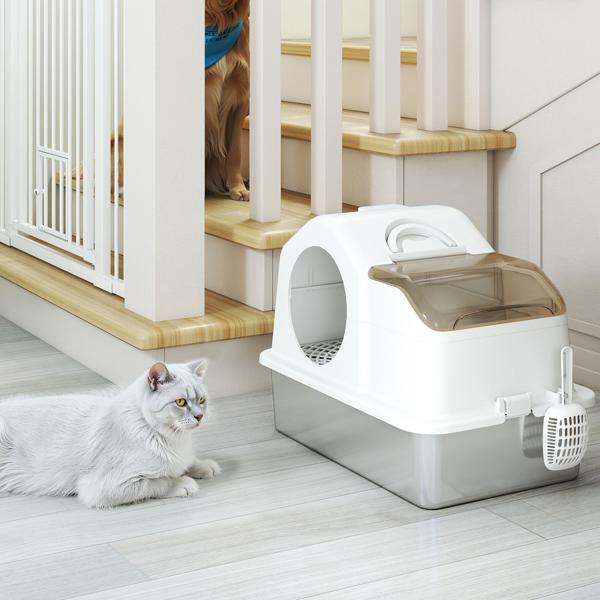 Maison de toilette bac à litière chat - 60 x 40 x 28 cm - pelle, poignée - acier inox plastique gris clair