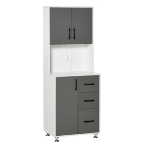 HOMCOM Armoire de cuisine multi-rangements 2 + 1 porte 3 tiroirs + grand plateau dim. 60L x 40l x 150H cm bicolore gris blanc