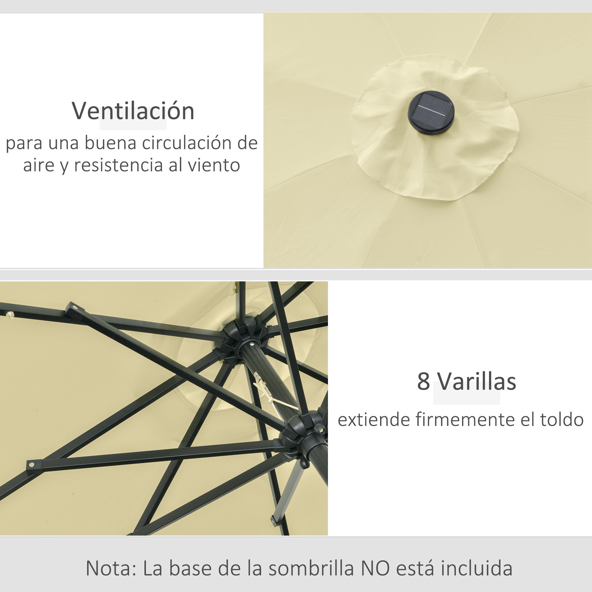 Outsunny Sombrilla Terraza Exterior, Ø265 cm, Sombrilla de Jardín con 32 Luces LED Solares, Poste de Acero y Manivela de Parasol Inclinable, para Patio, Terraza, Beige