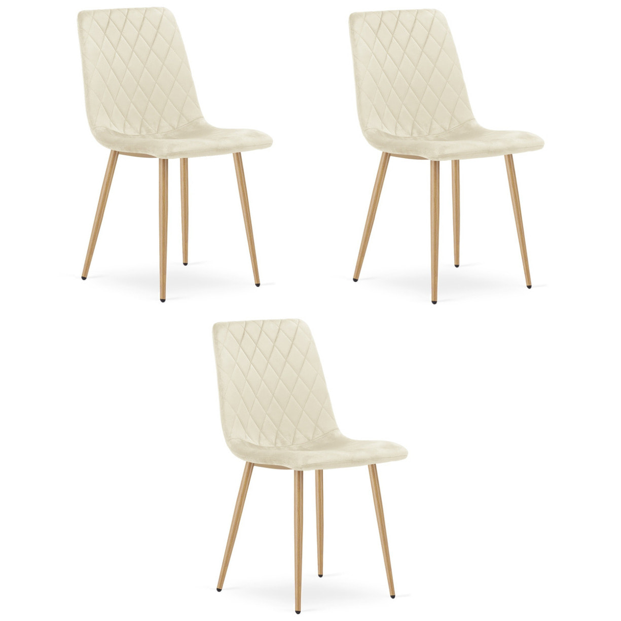 Set di 3 sedie Turin in velluto beige chiaro e gambe effetto legno
