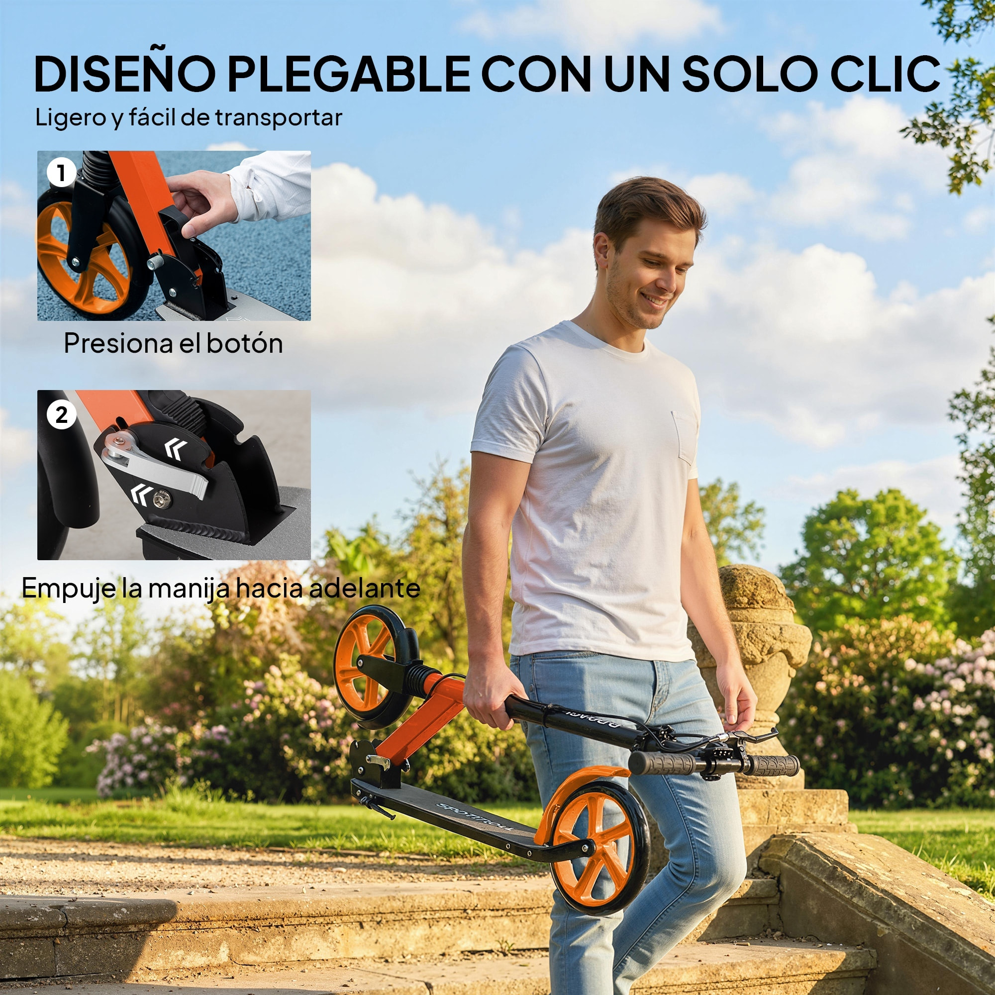 Patinete Plegable para Adultos y Niños de +14 Años Scooter Ligero con Manillar Ajustable Grandes Ruedas Ø200 mm Amortiguador y Freno Aluminio Carga 100 kg 91,5x36,5x91-104 cm Rojo