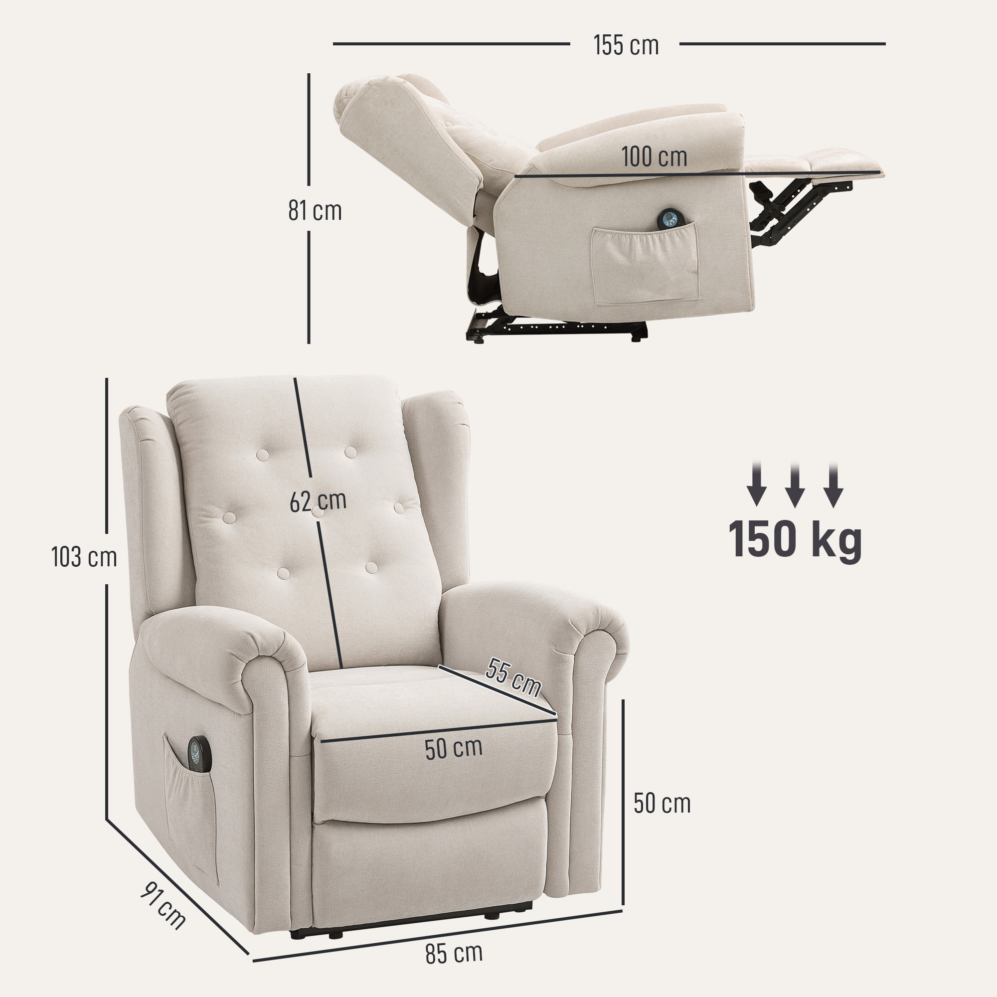 Fauteuil massant chauffant inclinable repose-pieds intégré poche rangement tissu toucher lin beige