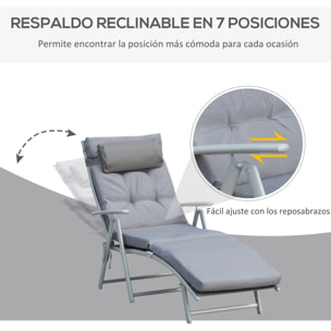 Tumbona Plegable Tumbona de Jardín con Respaldo Ajustable en 7 Posiciones con Cojín Cuerpo Entero y Cabeza para Terraza Piscina Carga 165 kg 137x63,5x100,5 cm Gris