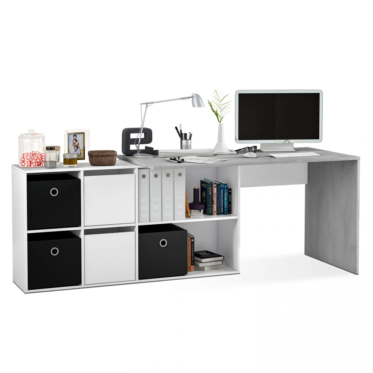 Mesa de escritorio multiposición en blanco mate y gris cemento 136x139 cm Move Blanco Artik (Blanco Mate) - Gris Cemento