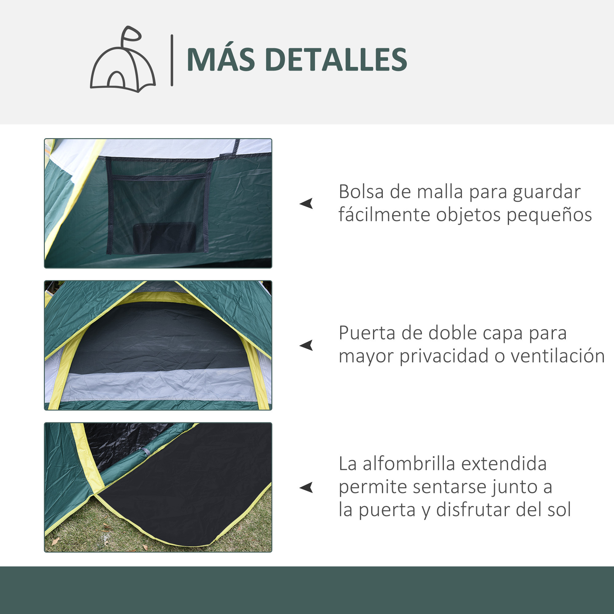 Tienda de Campaña para 3 Personas Tienda Camping Plegable con 1 Puerta 3 Ventanas Bolsa de Transporte y Apertura Automática para Playa Parque 205x195x135 cm Verde