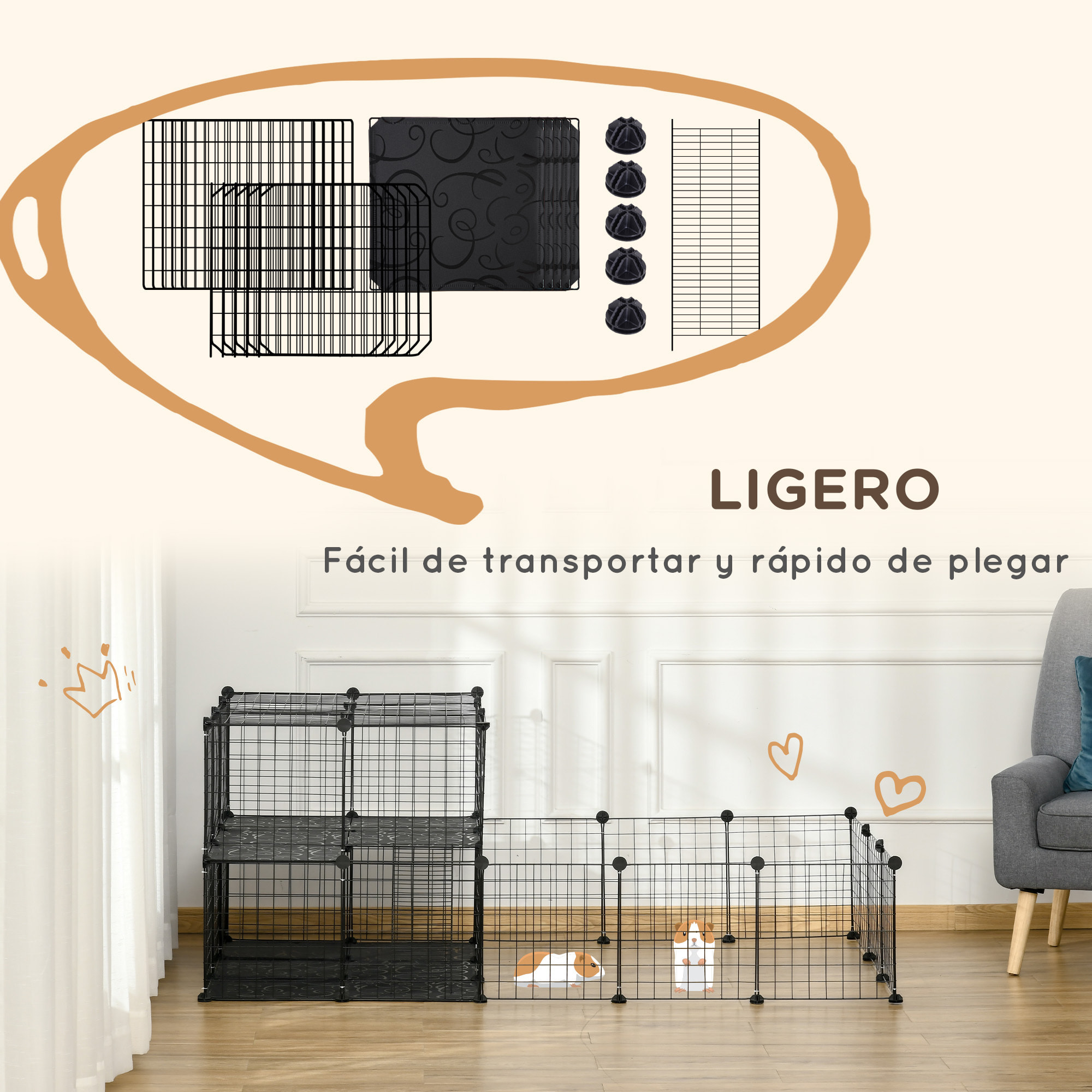 Jaula para Animales Pequeños Parque para Mascotas Forma Personalizable Valla Metálica para Cobayas Conejos Chinchillas 175x105x70 cm Negro