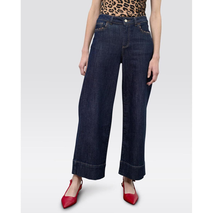 Culottes in denim con dettaglio leopardato sulle tasche