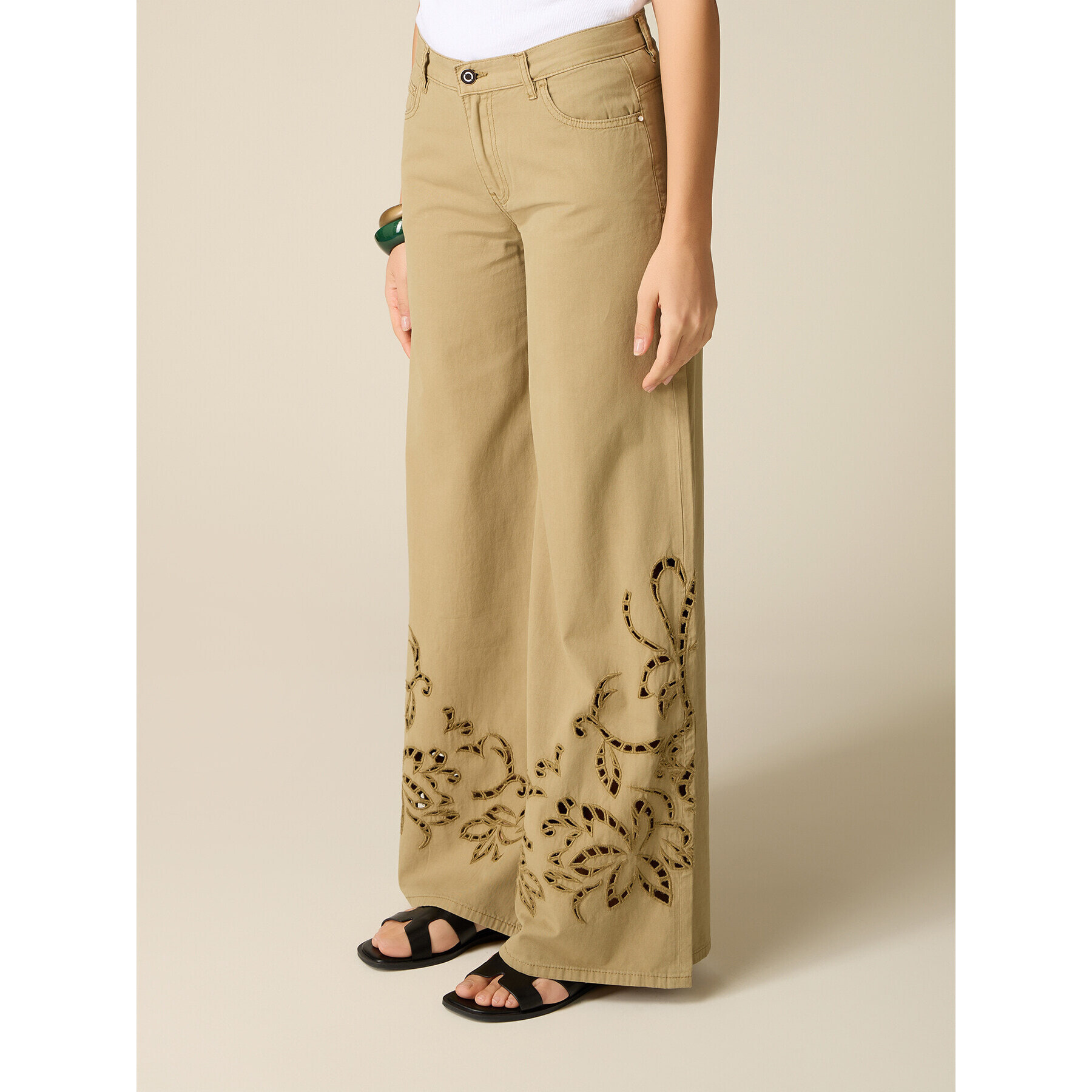Oltre - Pantaloni palazzo con ricami see-through - Verde militare