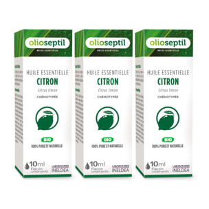 OLIOSEPTIL - Huile essentielle de Citron - 100% Pure et naturelle - BIO - HEBBD (biochimiquement et botaniquement définie) - 100% origine naturelle - Lot de 3 Flacons 10ml