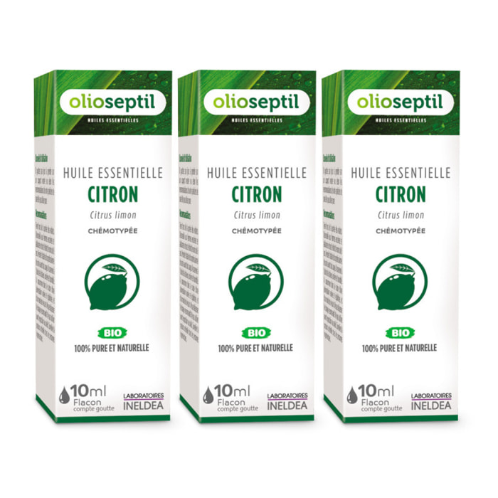 OLIOSEPTIL - Huile essentielle de Citron - 100% Pure et naturelle - BIO - HEBBD (biochimiquement et botaniquement définie) - 100% origine naturelle - Lot de 3 Flacons 10ml