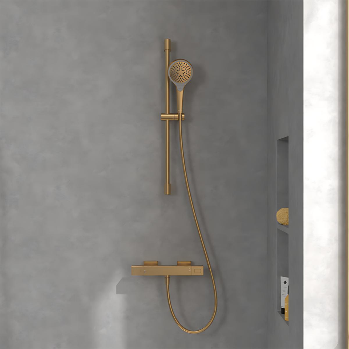 Mitigeur douche thermostatique Universal Taps & Fittings rectangle Brushed Gold + Ensemble de douche Verve Showers 3 jets Brushed Gold