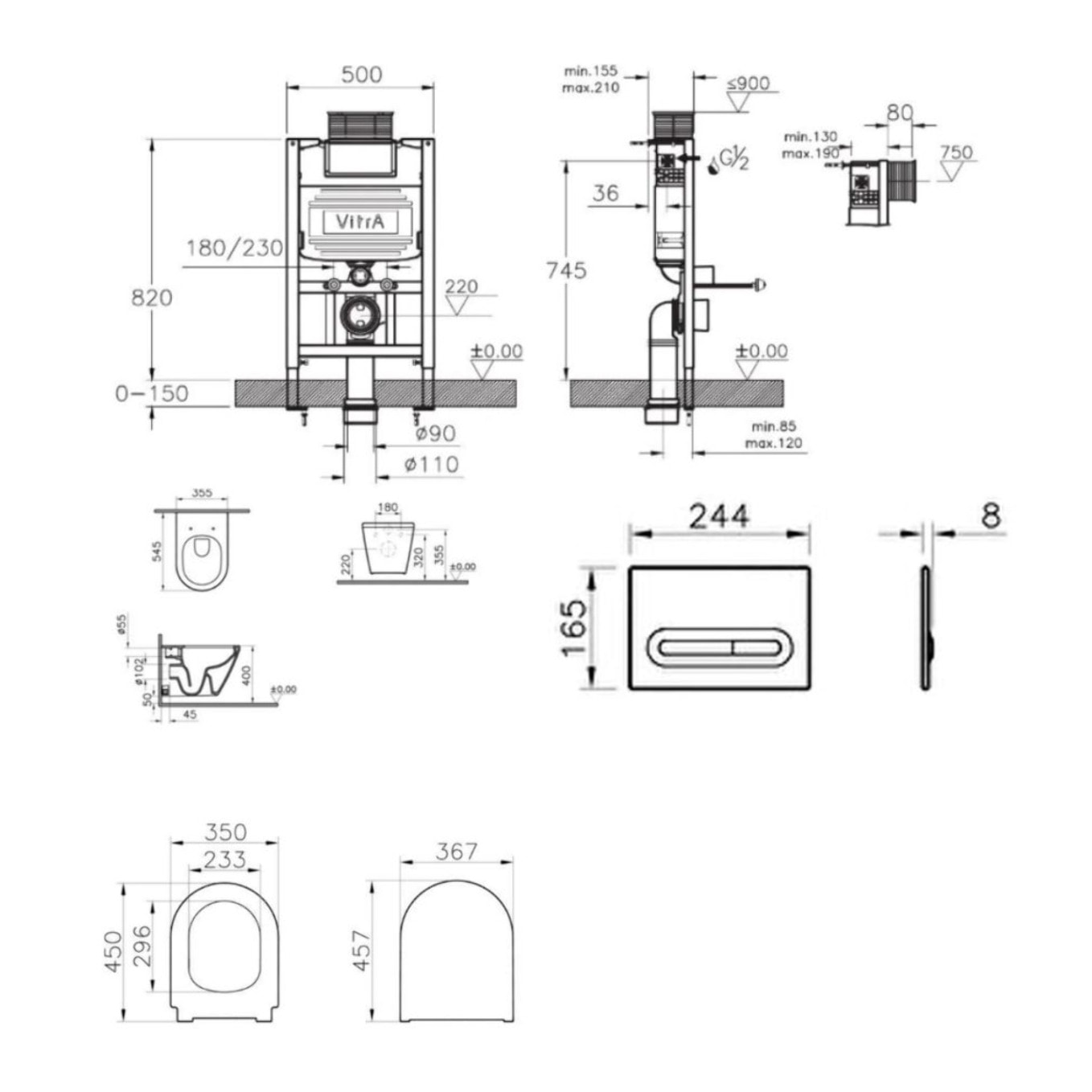 Bâti support 82cm + WC sans bride + Abattant softclose + Plaque Chrome mat (VUNI82INTEGRARIMLESS-5)