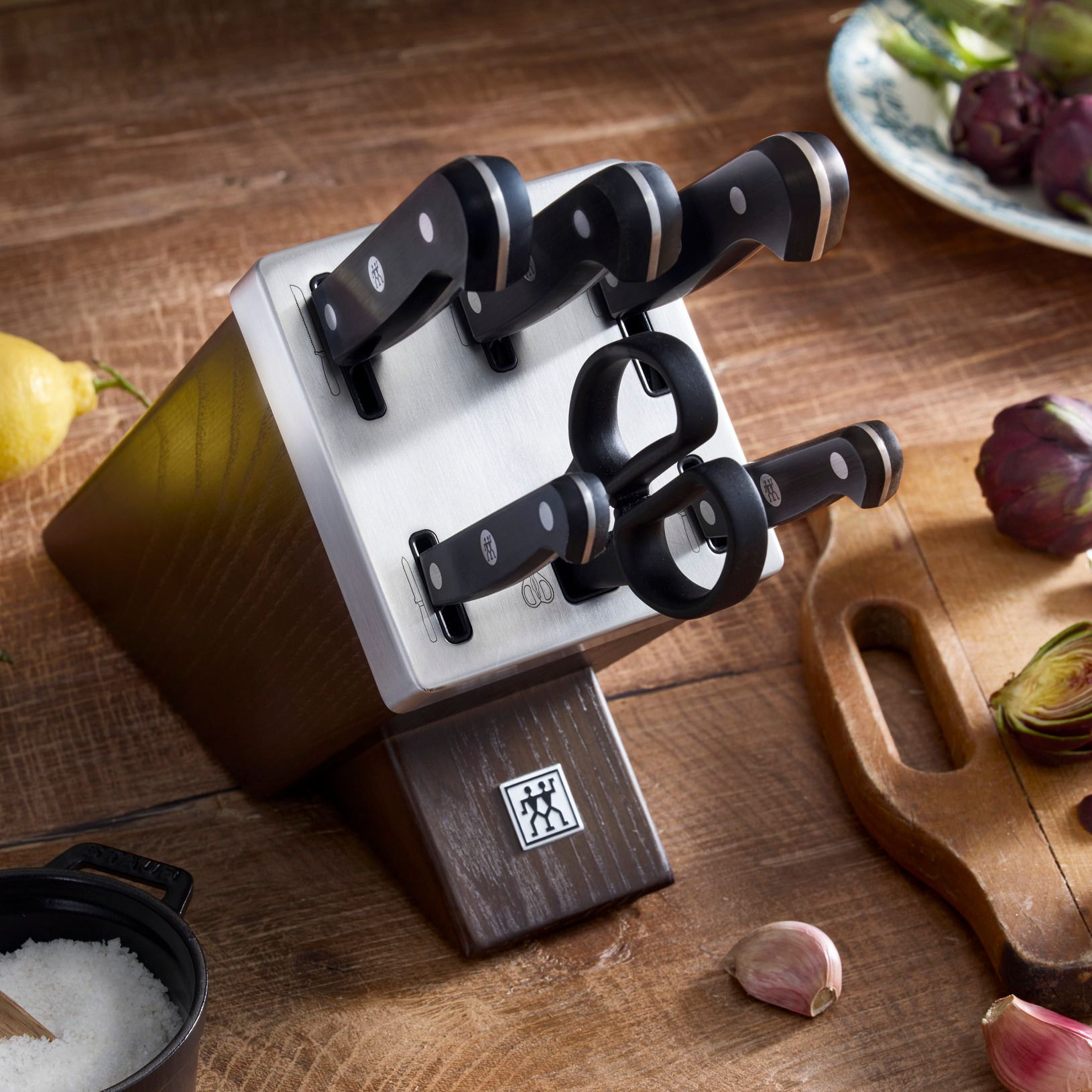 Bloc de Couteaux Auto-Aiguisant 7-pcs, Bois de Frêne, Gourmet