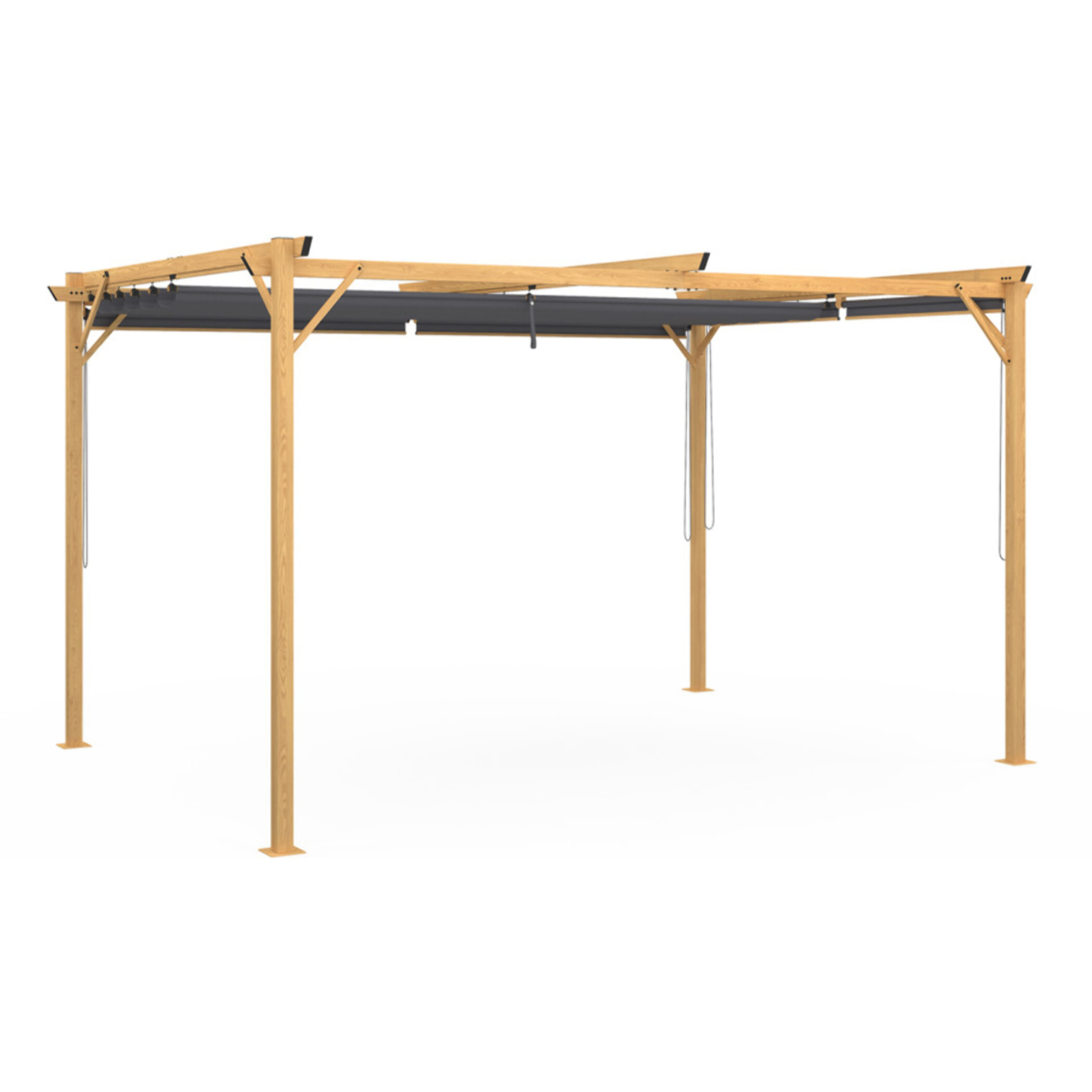 Pergola Marina en acier effet bois avec toit rétractable et 4 stores gris 3x4m