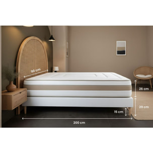 Ensemble Matelas Le Raffiné - 26cm - Ressorts ensachés et mémoire de forme - Confort haut de gamme, impact réduit. - Sommier Tapissier Blanc