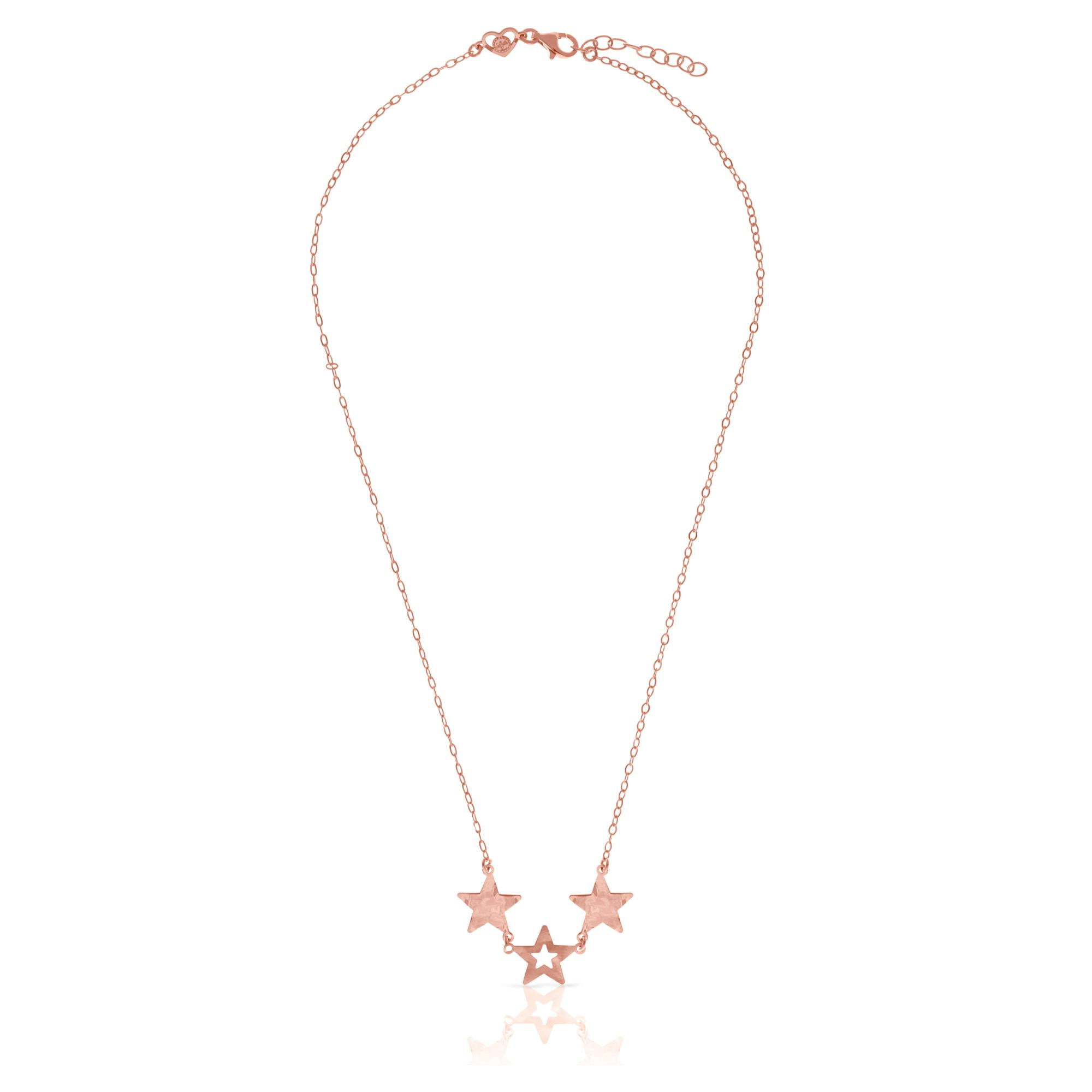 FIRENZE SILVER. AquaStel Collar Plata de Ley 925. Estrella contorneada y dos estrellas laminadas.Motivo forma de corazón junto al cierre. Baño galvanizado oro rosa 24K.