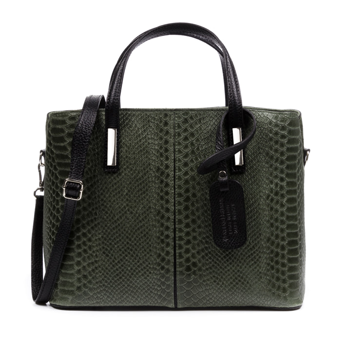 FIRENZE ARTEGIANI Borsa Tote da Donna Violante. Vera Pelle Scamosciata Incisione Serpente Made in Italy 32x14x25 Cm. Colore: verde scuro