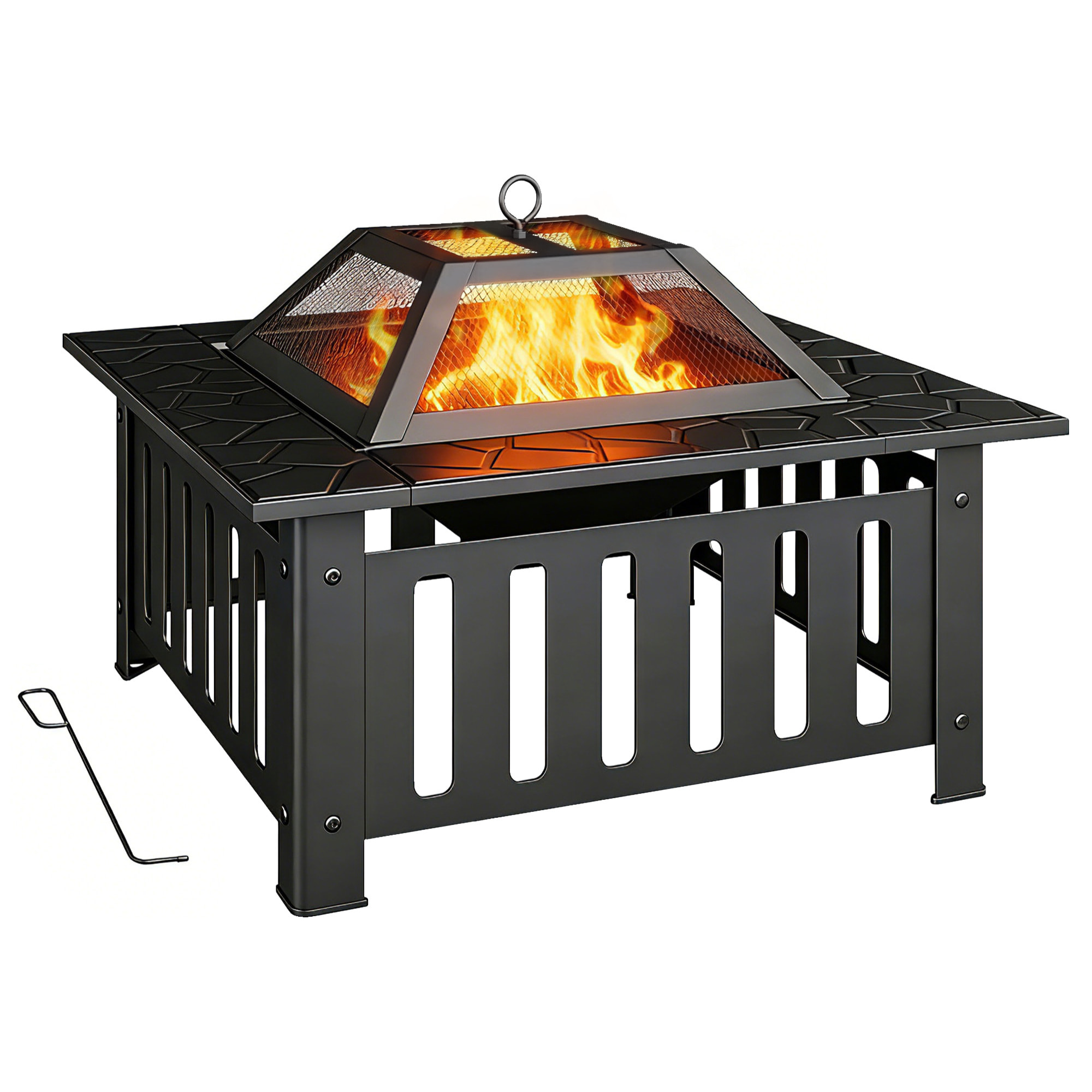 Brasero Exterior de Acero Cuadrado, 67x67x47 cm, Brasero Exterior Jardín con Atizador, Tapa de Malla, para Terraza, Camping, Fiesta, Negro