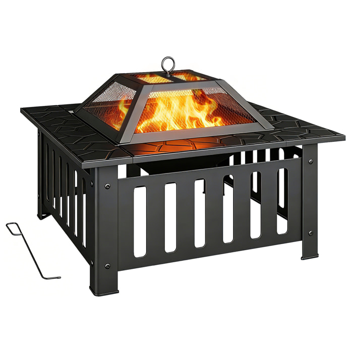 Brasero Exterior de Acero Cuadrado, 67x67x47 cm, Brasero Exterior Jardín con Atizador, Tapa de Malla, para Terraza, Camping, Fiesta, Negro