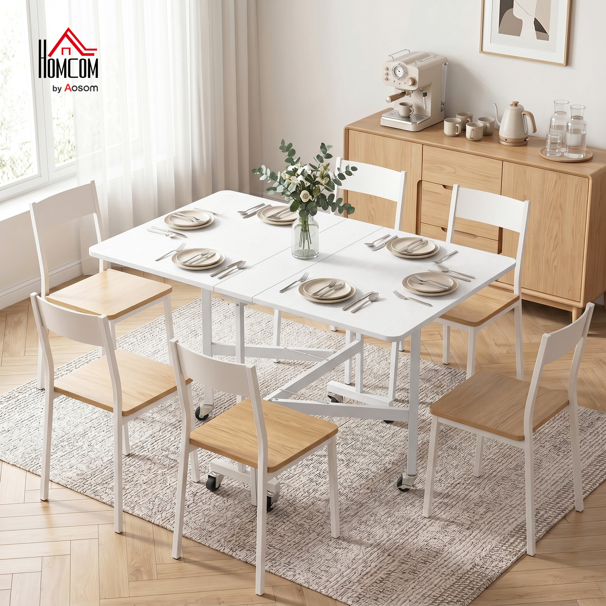 Table pliable 6 personnes - table à rabat mobile 6 roulettes - acier blanc effet bois blanc