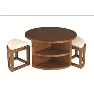 LAUREN - Table basse ronde marron 2 tabourets avec coussins écrus bois Mindi