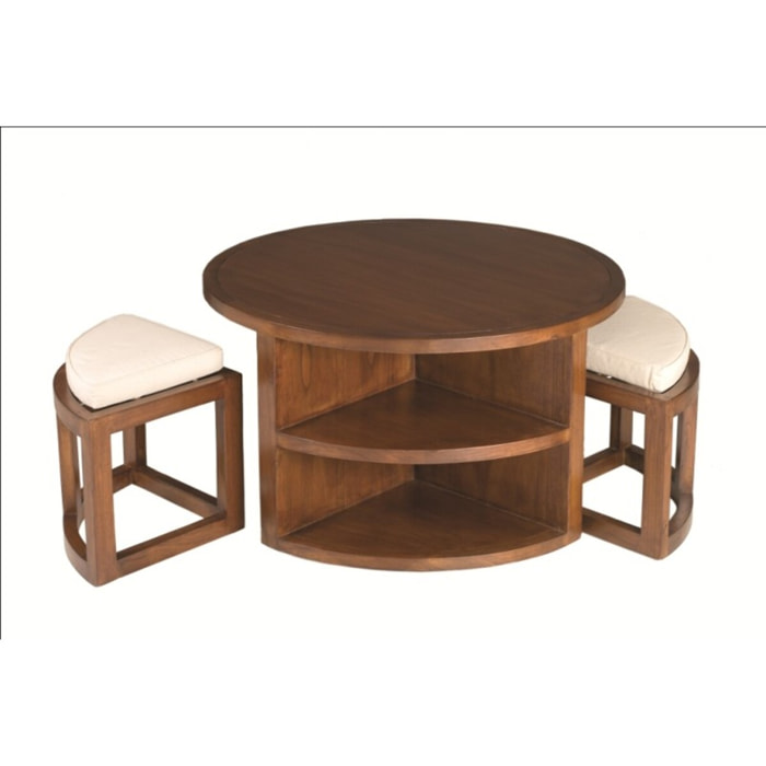 LAUREN - Table basse ronde marron 2 tabourets avec coussins écrus bois Mindi