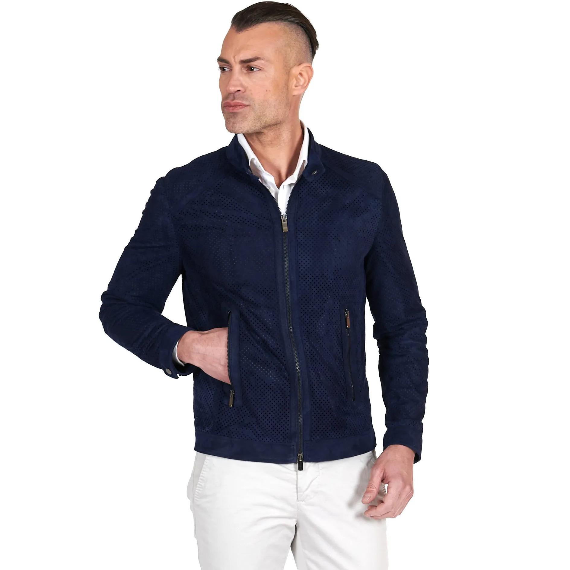 Giacca in pelle camoscio traforato colore blu