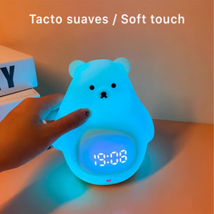 Sveglia con luce notturna per bambini. Luce led multicolore RGB, controllo con telecomando. Disegno dell'orso polare.