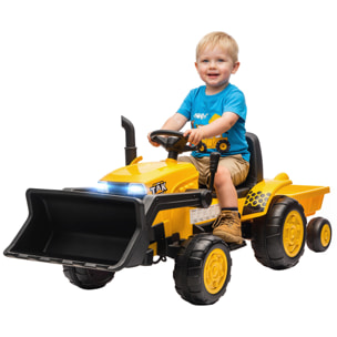 Tractor Eléctrico para Niños con Remolque Desmontable y Pala, Tractor de Juguete de Batería 12V, Motor Doble, Control Remoto 2,4G, Luces, Música, Conexión Inalámbrica, USB para Niños +3 Años