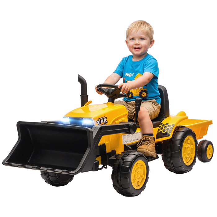 Tractor Eléctrico para Niños con Remolque Desmontable y Pala, Tractor de Juguete de Batería 12V, Motor Doble, Control Remoto 2,4G, Luces, Música, Conexión Inalámbrica, USB para Niños +3 Años