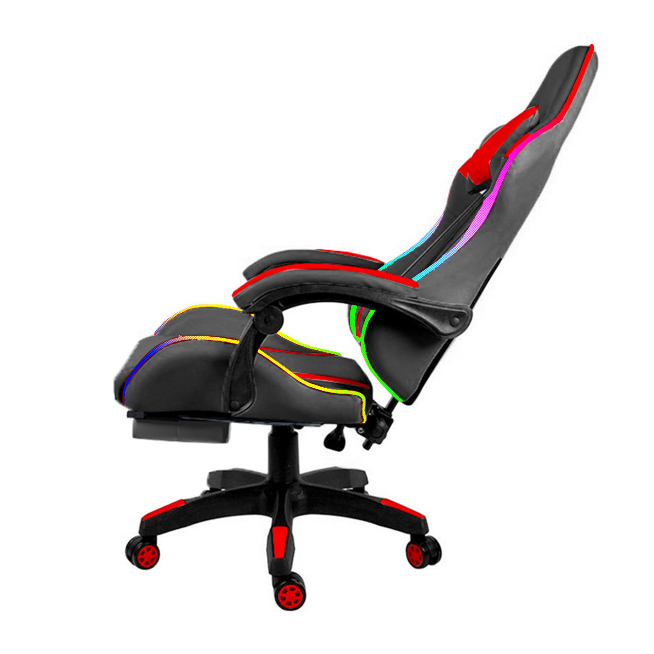 Sedia Gaming Con LED RGB Telecomando Poltrona Ufficio Scrivania Casa PC Racing Girevole Ergonomica Ecopelle Cuscino Lombare Poggiapiedi Nero Rosso