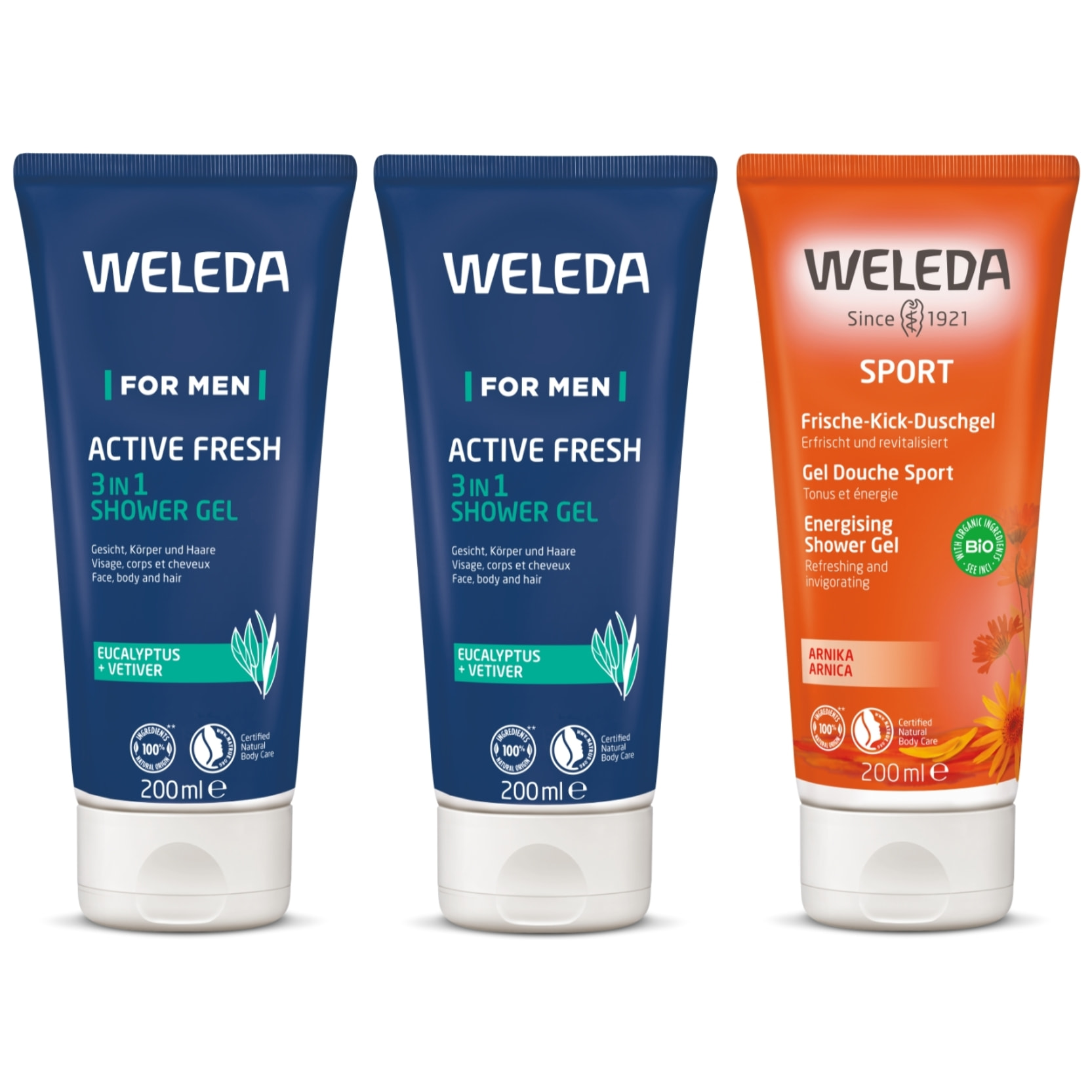 WELEDA - TRIO  Active fresh - Gel Douche énergisant X2 + Gel Douche Sport à l'Arnica X1 - Vegan* - Certifié Natrue ** - Tube de 3*200 ml