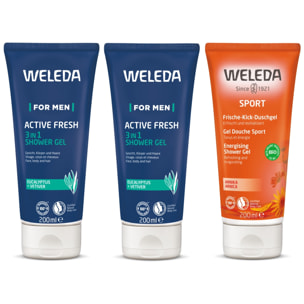 WELEDA - TRIO  Active fresh - Gel Douche énergisant X2 + Gel Douche Sport à l'Arnica X1 - Vegan* - Certifié Natrue ** - Tube de 3*200 ml